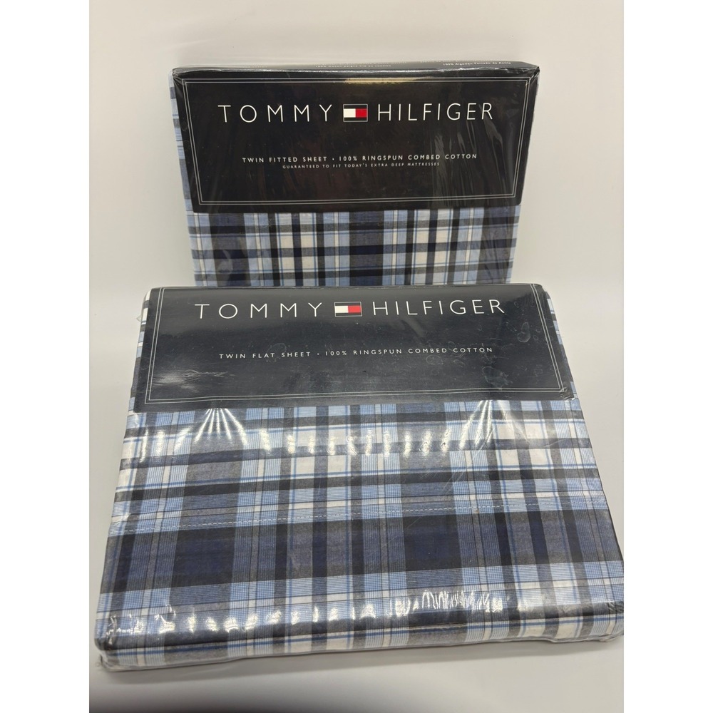 Tommy Hilfiger Tartan Blue Plaid Twin 2 Sheet set 100% Cotton Fitted Flat New